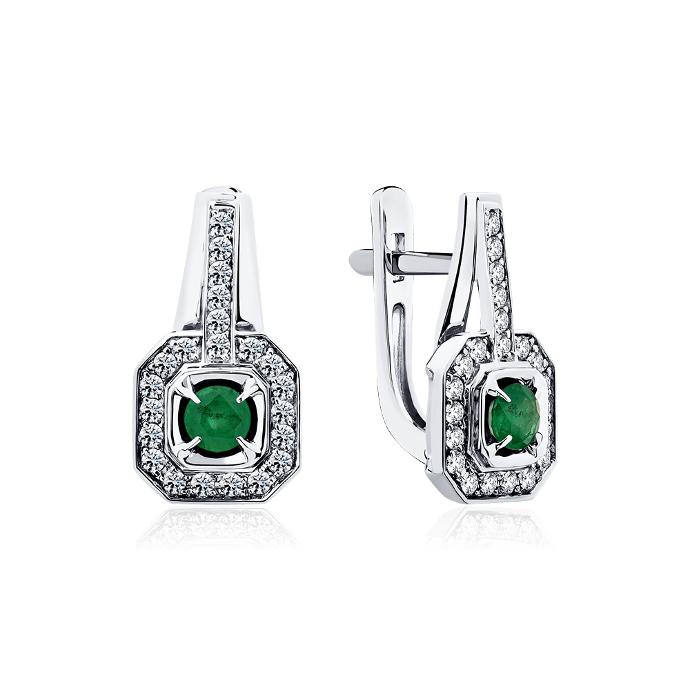 Серьги с изумрудом, бриллиантами из белого золота 585 пробы, фото № 1