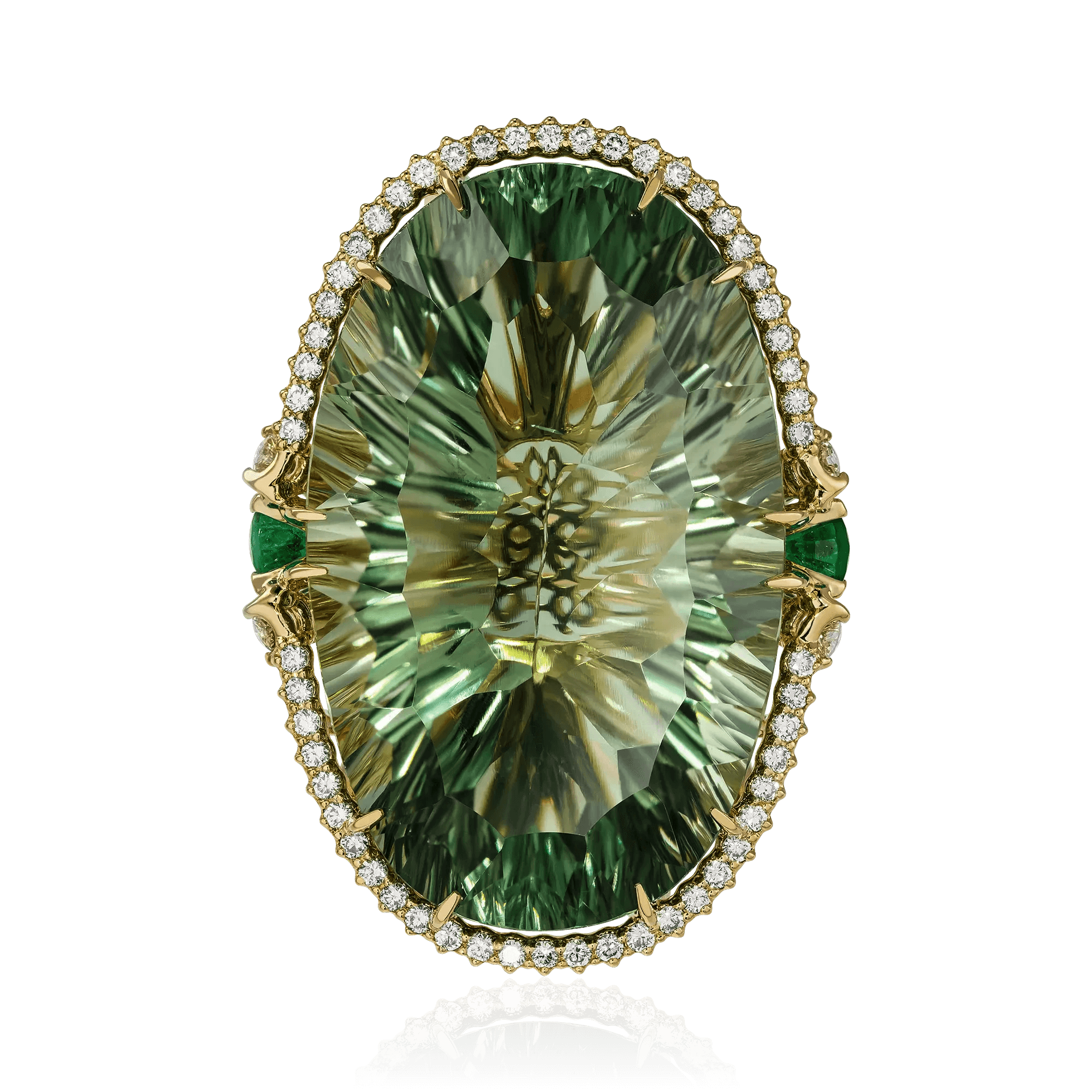 Кольцо с кварцем, изумрудом, бриллиантами из желтого золота 750 пробы, фото № 2