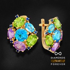 Серьги с топазом, сапфиром, хризолитом, сапфиром фантазийным из красного золота 585 пробы (арт. 34758)