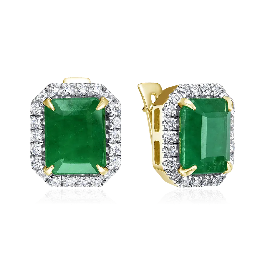 Серьги с изумрудом, бриллиантами из желтого золота 585 пробы, фото № 1