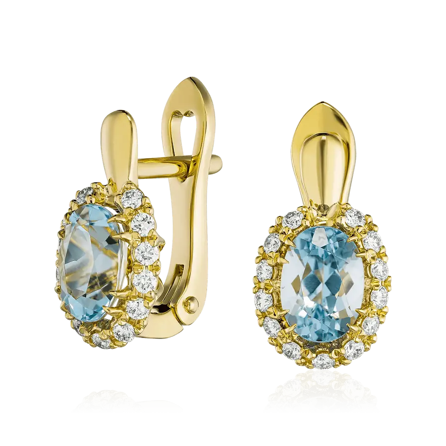 Серьги с аквамарином, бриллиантами из желтого золота 750 пробы, фото № 1