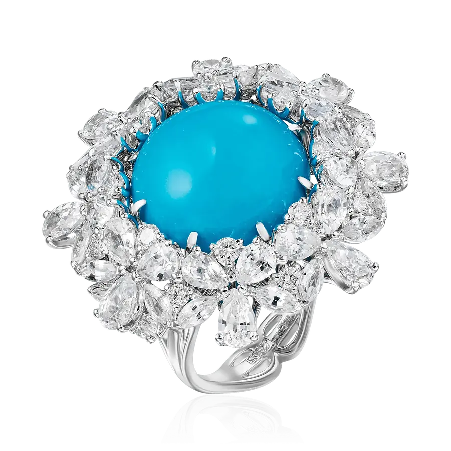 Кольцо с сапфиром, бирюзой, бриллиантами из белого золота 585 пробы, фото № 1