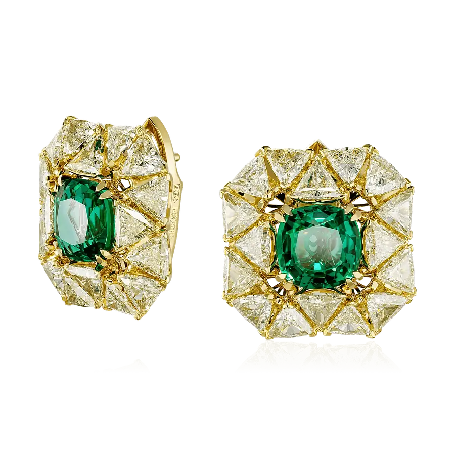 Серьги с изумрудом, бриллиантами из желтого золота 750 пробы, фото № 1