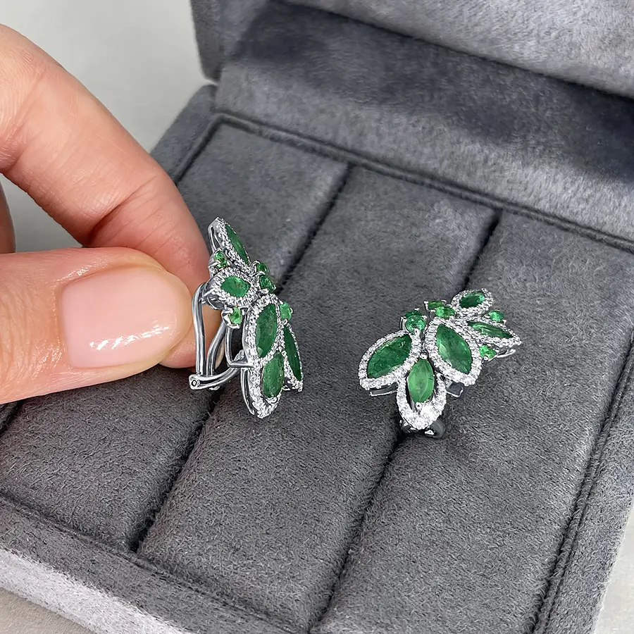 Серьги с изумрудом , бриллиантами из белого золота 585 пробы, фото № 3