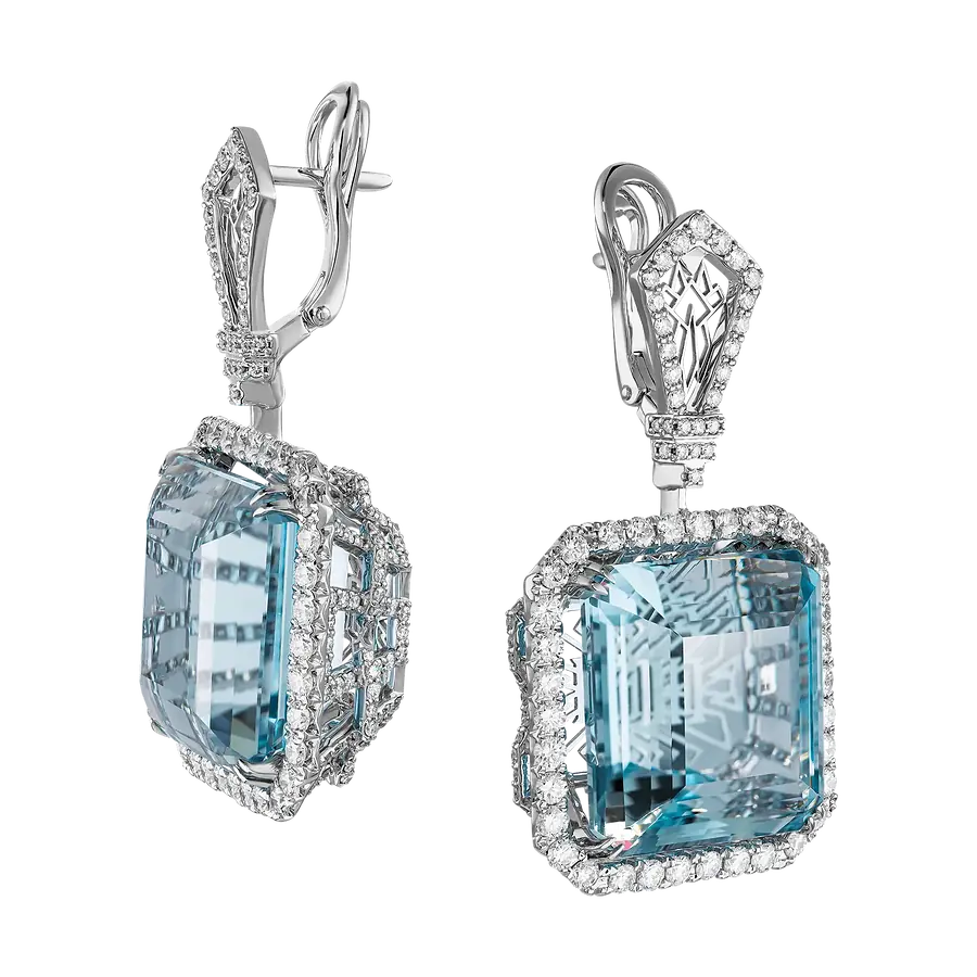 Серьги с аквамарином, бриллиантами из белого золота 750 пробы, фото № 2