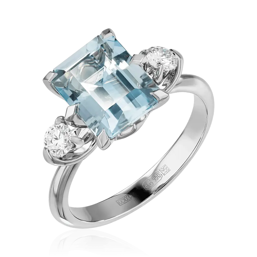 Кольцо с аквамарином, бриллиантами из платины 950 пробы, фото № 1
