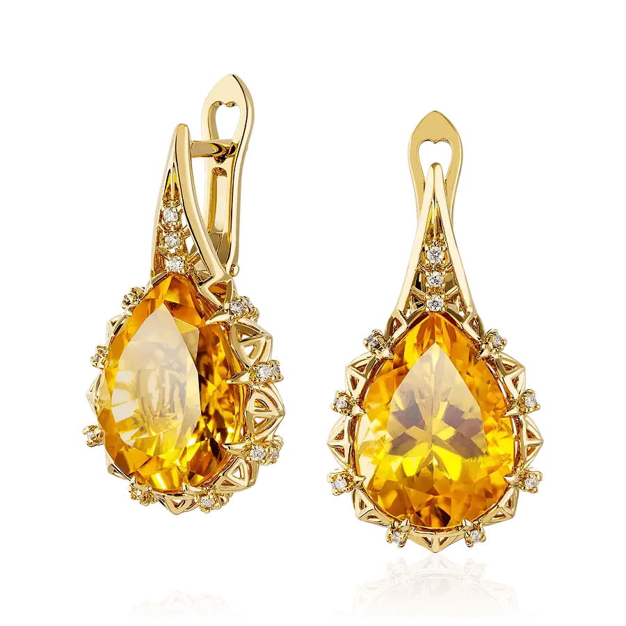 Серьги с цитрином, бриллиантами из желтого золота 750 пробы, фото № 1