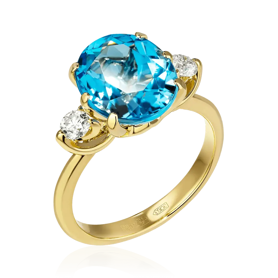 Кольцо с топазом, бриллиантами из желтого золота 750 пробы, фото № 1