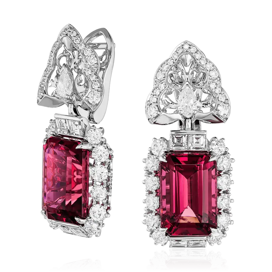 Серьги с рубеллитом, бриллиантами из белого золота 750 пробы, фото № 1