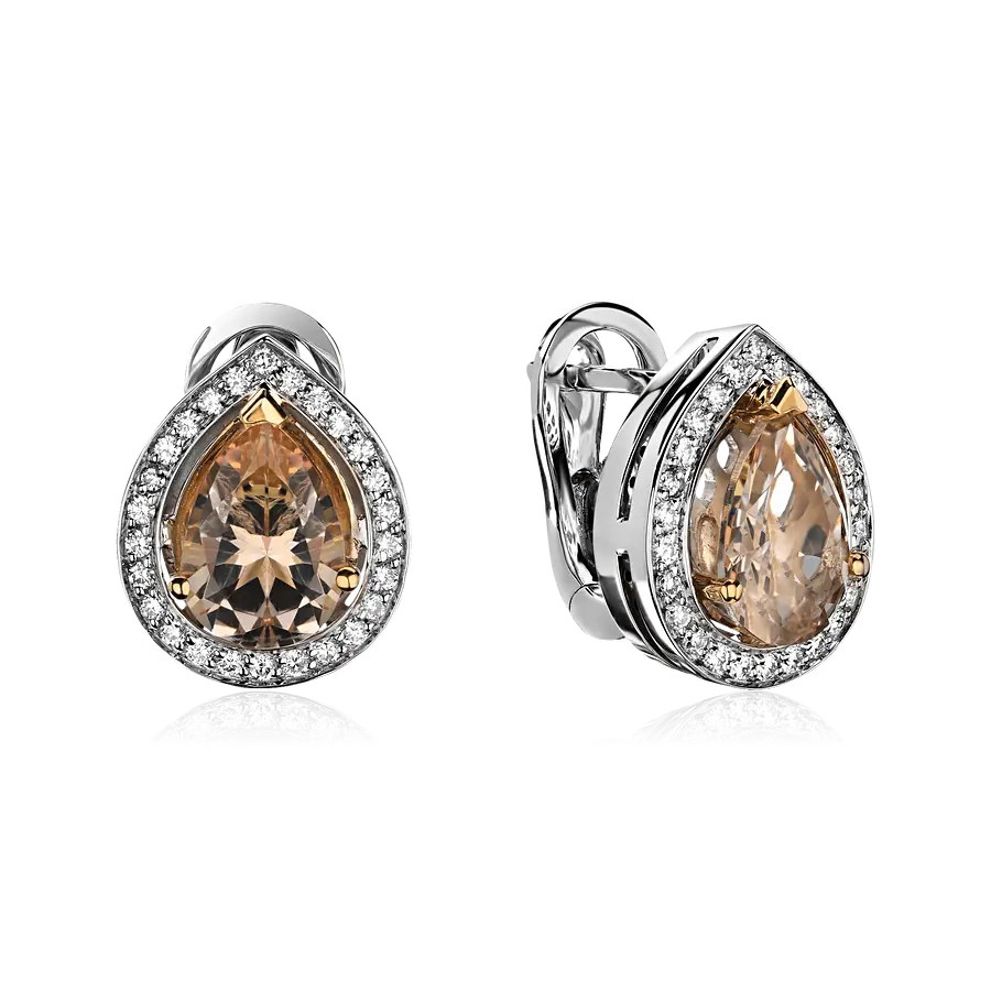 Серьги с розовыми топазами, бриллиантами из белого золота 750 пробы, фото № 1