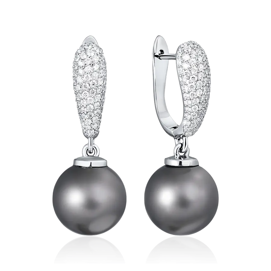 Серьги с жемчугом, бриллиантами из белого золота 585 пробы, фото № 1