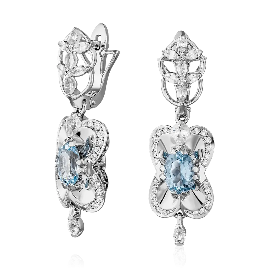 Серьги с аквамарином, сапфиром, бриллиантами из белого золота 585 пробы, фото № 1