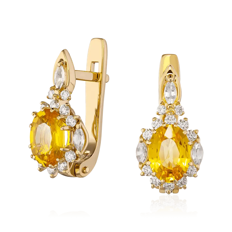 Серьги с сапфиром, бриллиантами из желтого золота 750 пробы, фото № 1