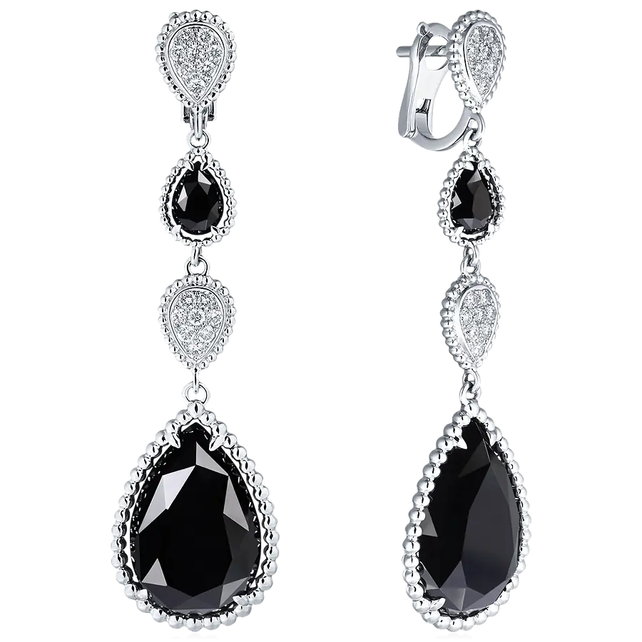 Серьги с бриллиантами, ониксом из белого золота 585 пробы, фото № 1