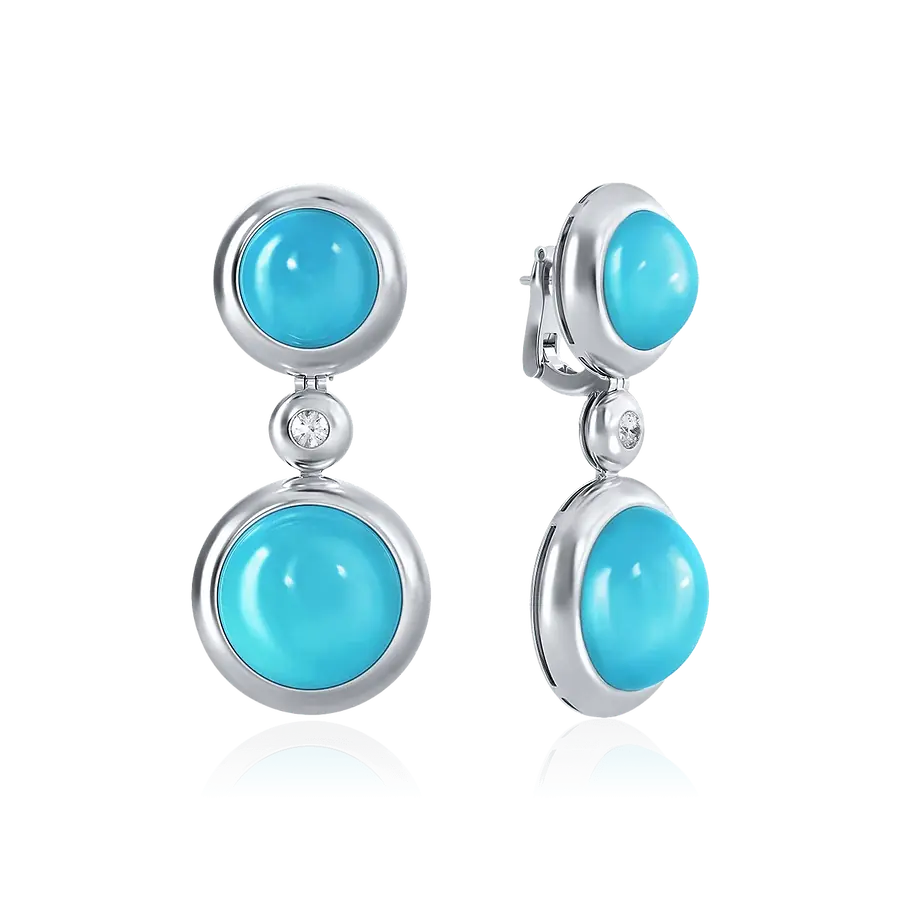 Серьги с бриллиантами, бирюзой из белого золота 585 пробы, фото № 1