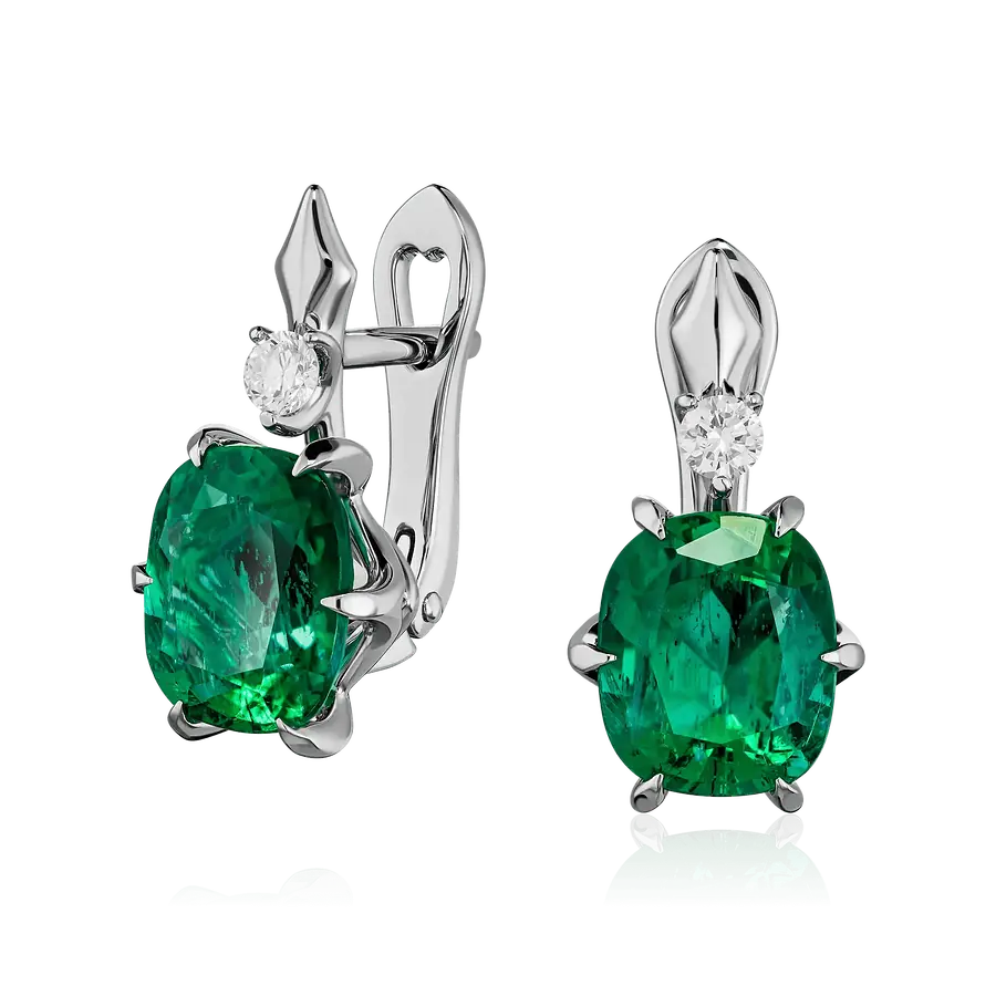 Серьги с изумрудом, бриллиантами из платины  950 пробы, фото № 1