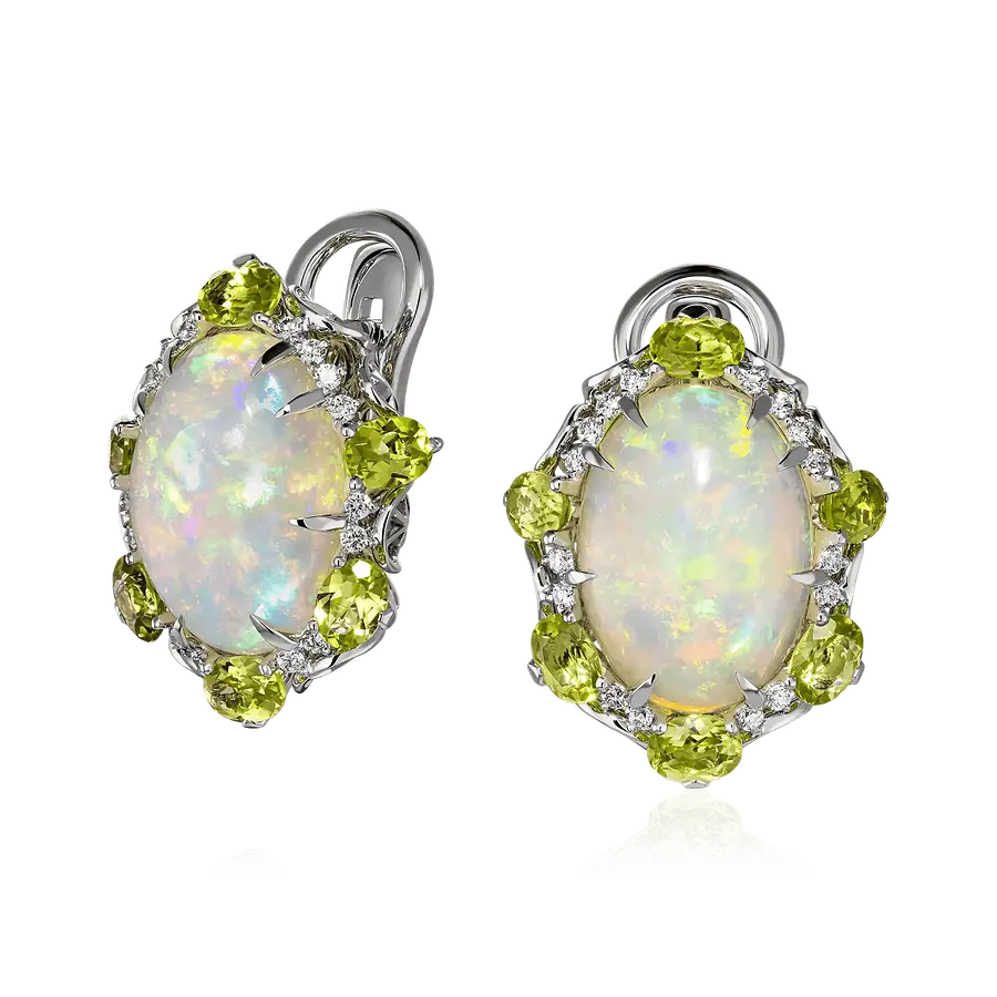 Серьги с опалом, хризолитом, бриллиантами из белого золота 585 пробы, фото № 1