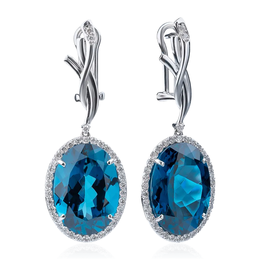 Серьги с топазом, бриллиантами из белого золота 750 пробы, фото № 1