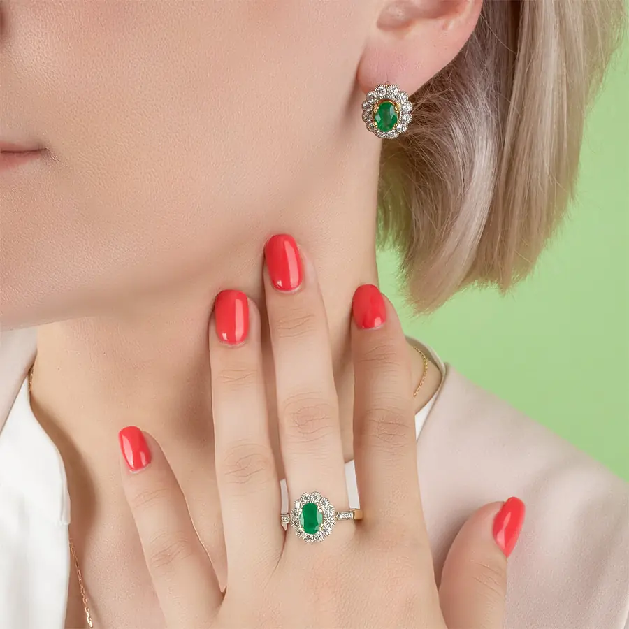 Серьги с изумрудом, бриллиантами из желтого золота 750 пробы, фото № 2
