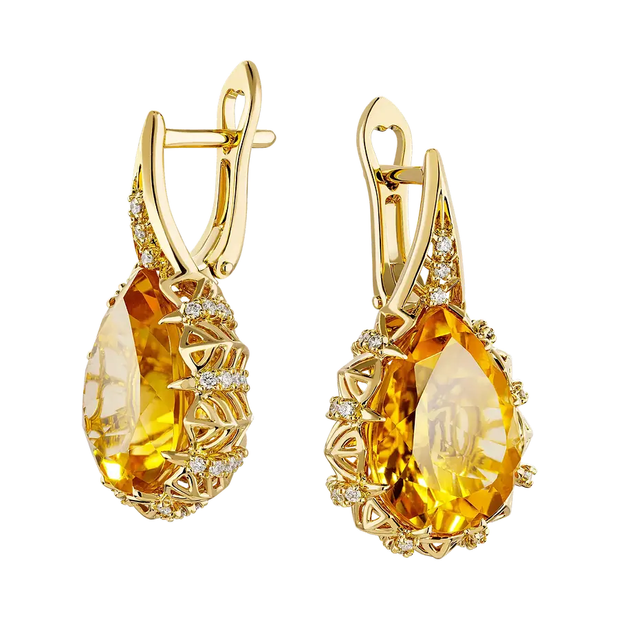 Серьги с цитрином, бриллиантами из желтого золота 750 пробы, фото № 2