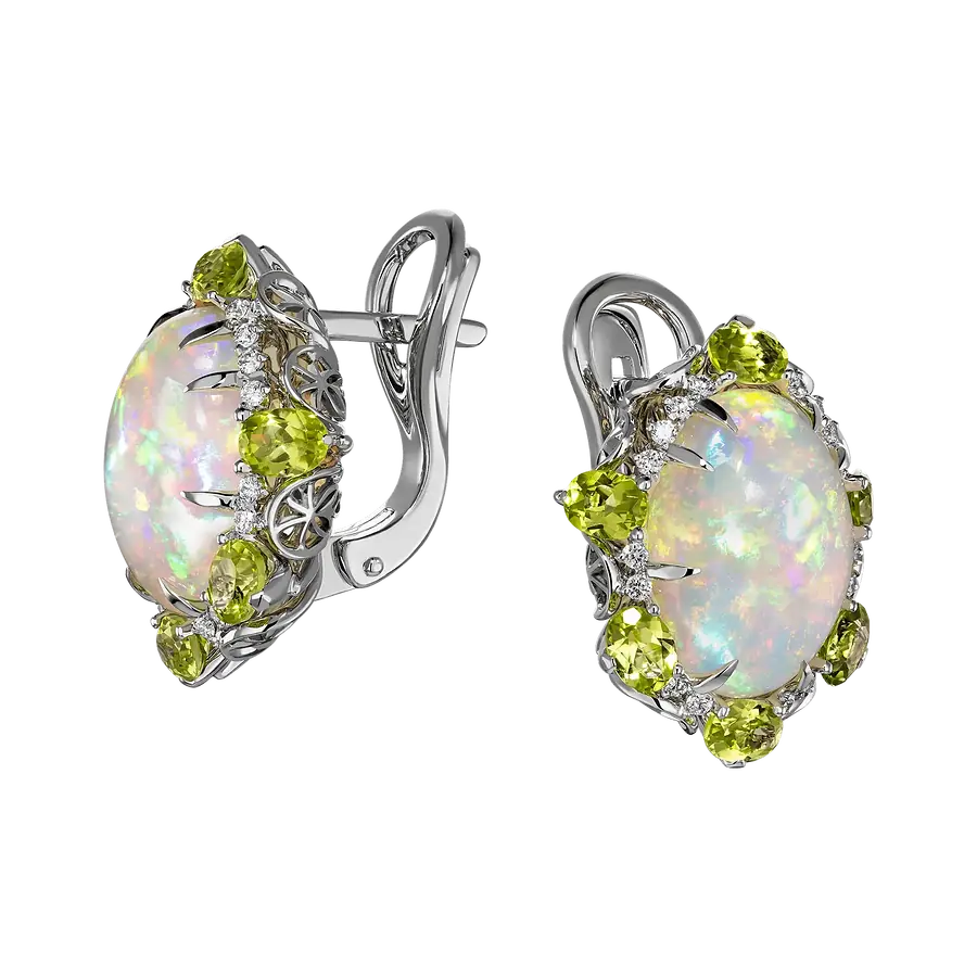 Серьги с опалом, хризолитом, бриллиантами из белого золота 585 пробы, фото № 2