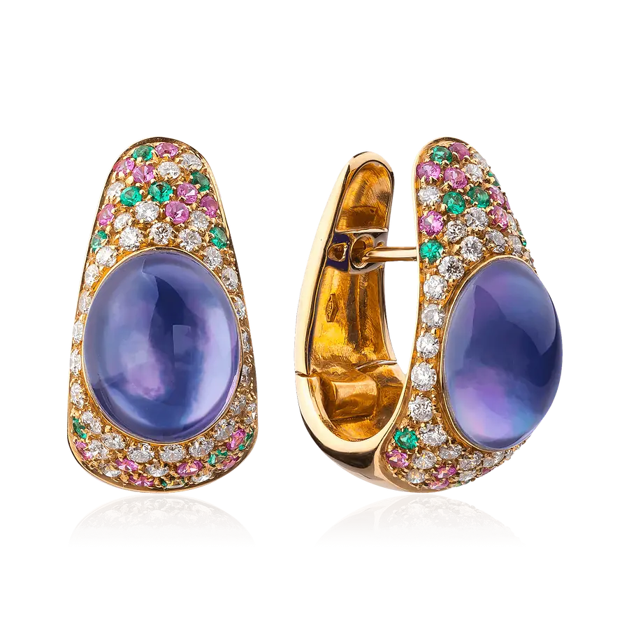 Серьги MORAGLIONE с аметистом, лазуритом, сапфиром, бриллиантами, изумрудом из желтого золота 750 пробы, фото № 1
