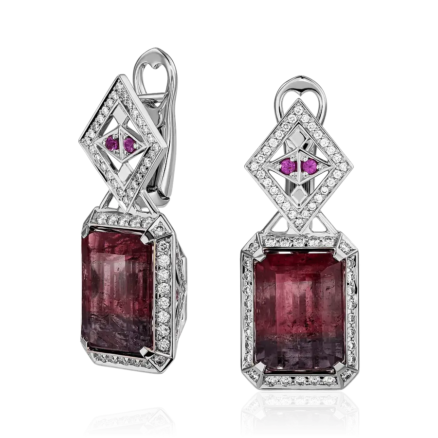 Серьги с турмалином, сапфиром, бриллиантами из белого золота 750 пробы, фото № 1