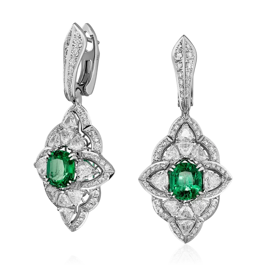 Серьги с изумрудом, бриллиантами из белого золота 750 пробы, фото № 1