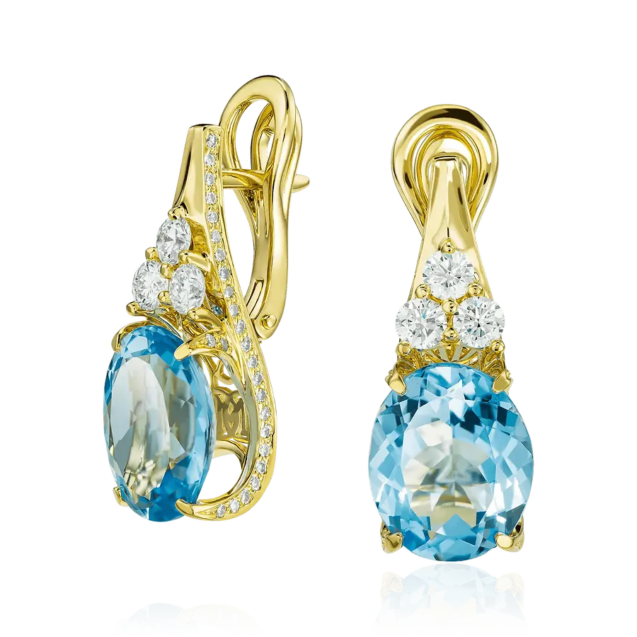 Серьги с топазом, бриллиантами из желтого золота 750 пробы, фото № 1