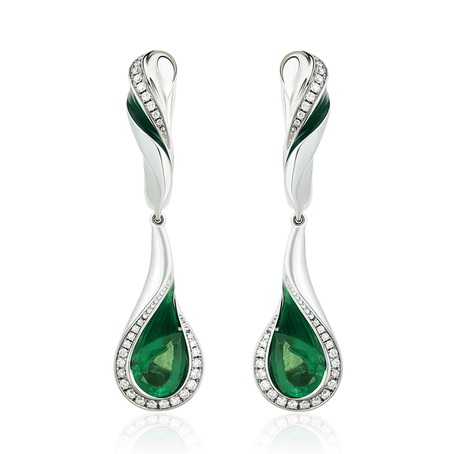 Серьги с изумрудом, эмалью, бриллиантами из белого золота 750 пробы, фото № 1