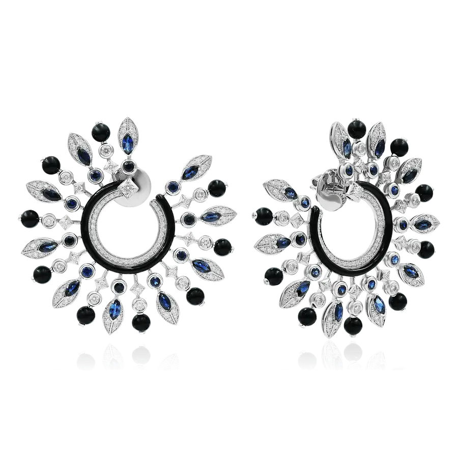 Серьги с сапфиром, бриллиантами, агатом из белого золота 750 пробы, фото № 1