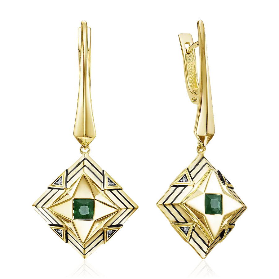 Серьги с изумрудом, бриллиантами из желтого золота 585 пробы, фото № 1