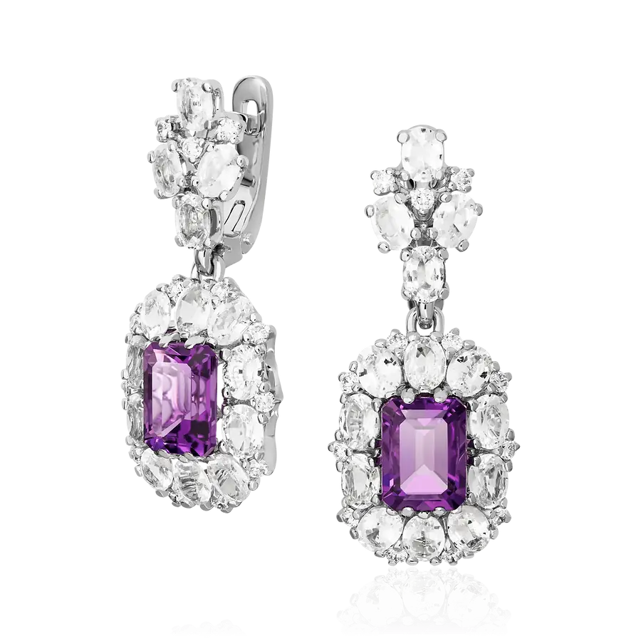 Серьги с сапфиром, аметистом, бриллиантами из белого золота 585 пробы, фото № 1