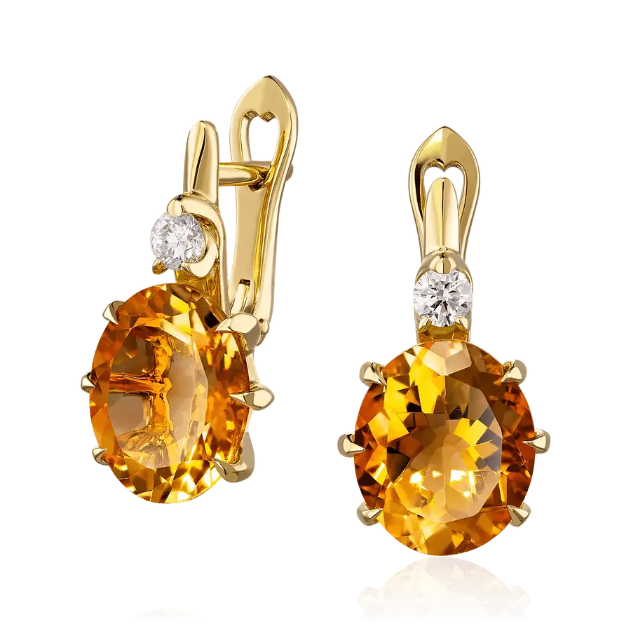 Серьги с цитрином, бриллиантами из желтого золота 750 пробы, фото № 1
