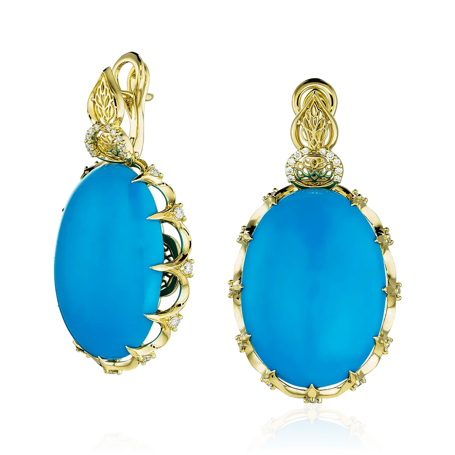 Серьги с бирюзой, бриллиантами из желтого золота 750 пробы, фото № 1