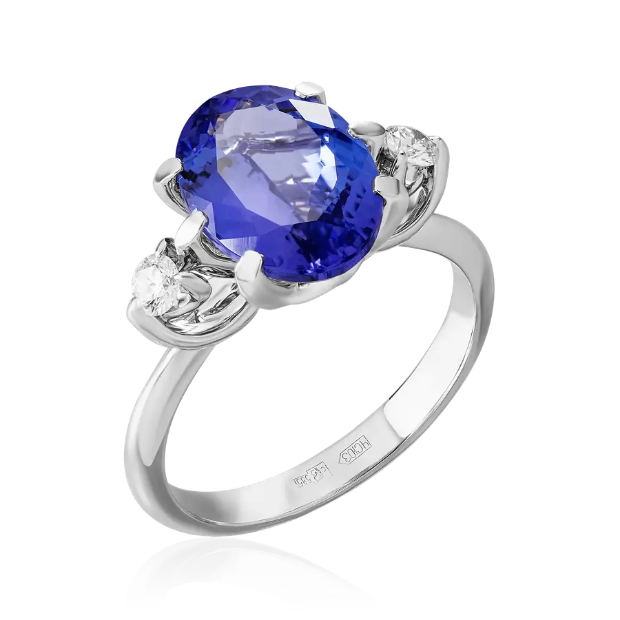 Кольцо с танзанитом, бриллиантами из белого золота 585 пробы, фото № 1