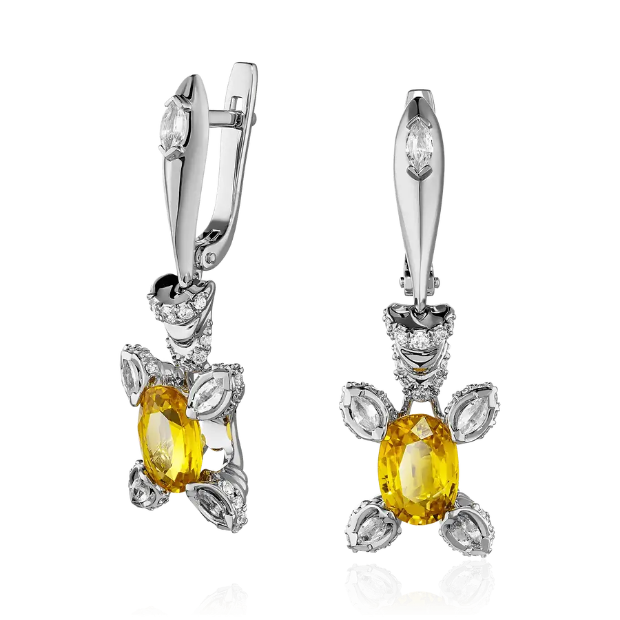 Серьги с желтым сапфиром, бриллиантами из белого золота 585 пробы, фото № 1