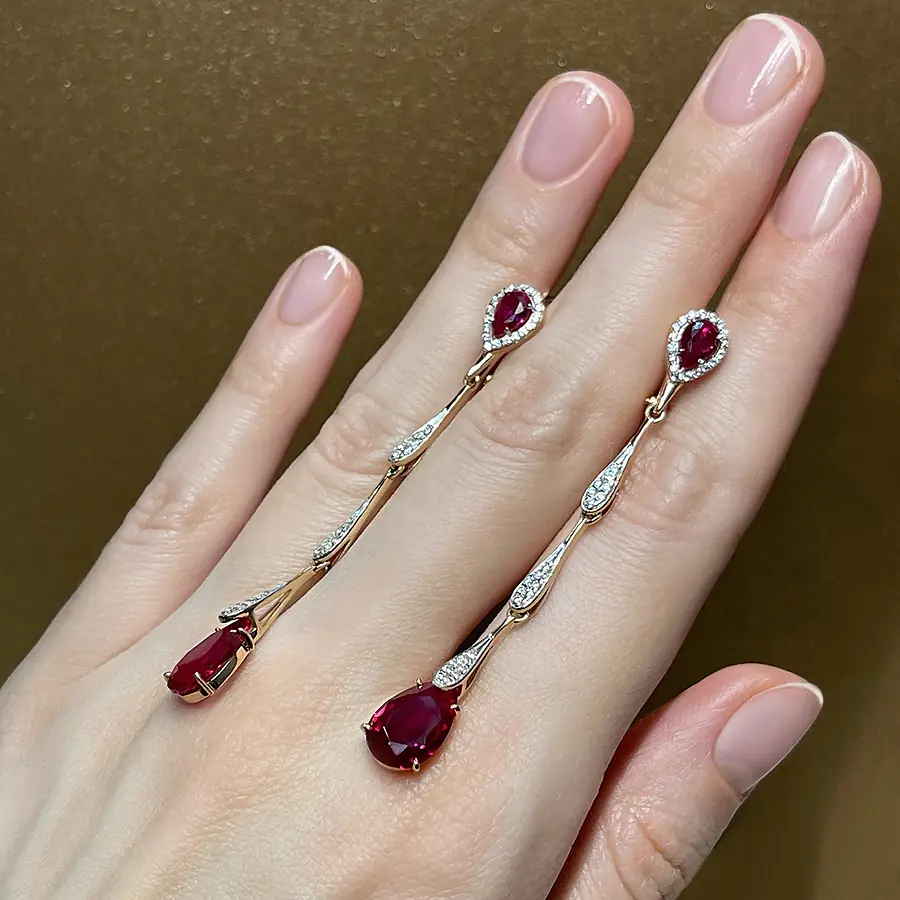 Серьги с корундом, фианитами из красного золота 585 пробы, фото № 3