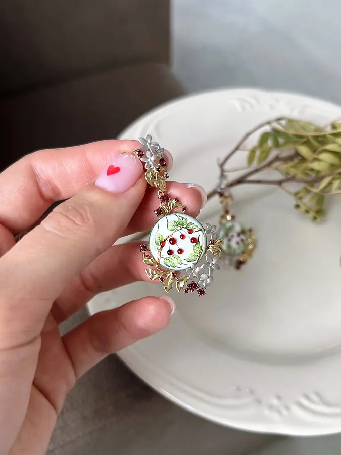Серьги с топазом, финифтью из белого золота 585 пробы, фото № 7