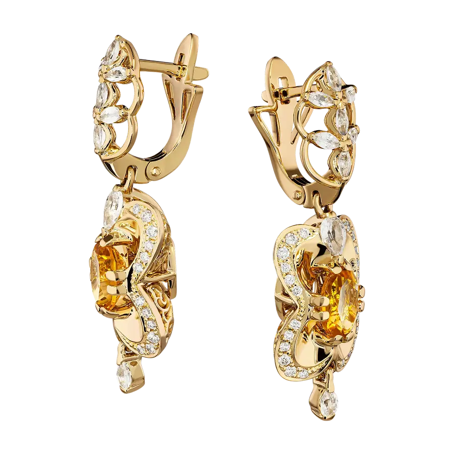 Серьги с сапфиром, бриллиантами, цитрином из желтого золота 750 пробы, фото № 2