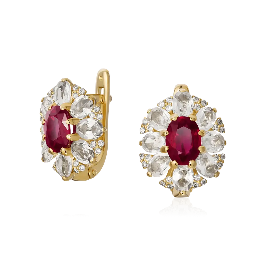Серьги с рубином, сапфиром, бриллиантами из желтого золота 750 пробы, фото № 1