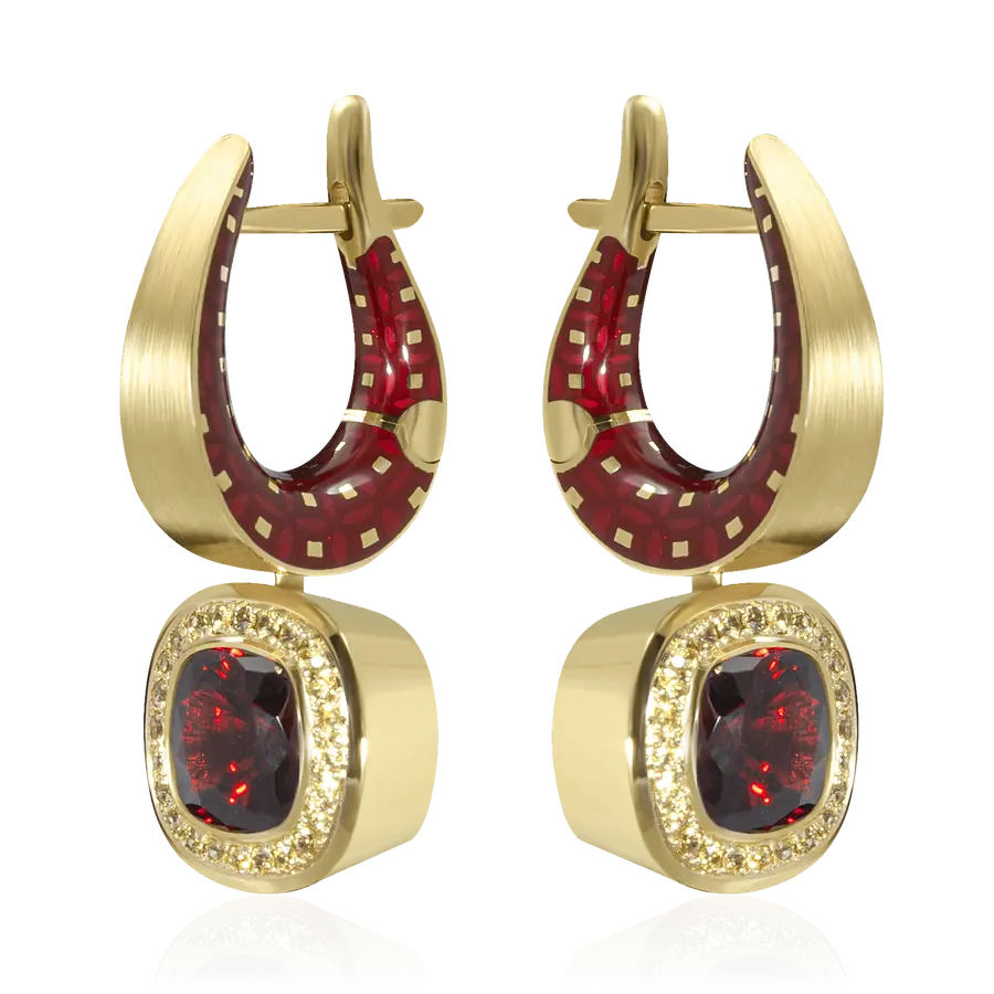 Серьги с гранатом, сапфиром, эмалью из желтого золота 750 пробы, фото № 1