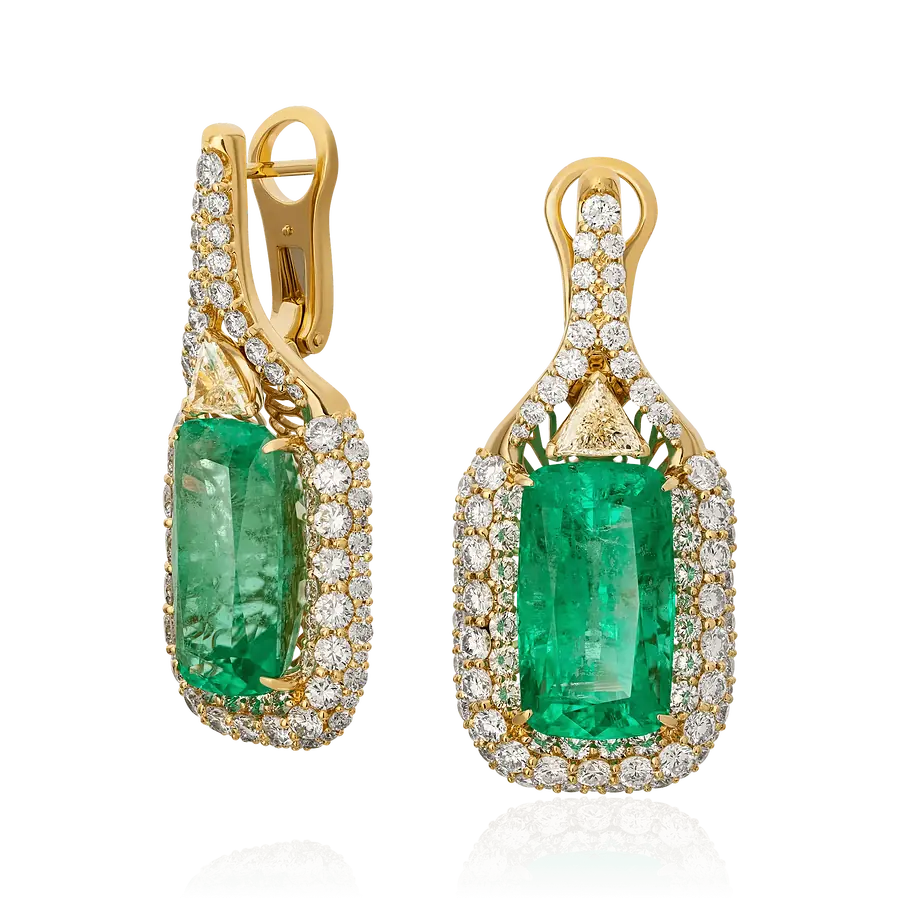 Серьги с изумрудом, бриллиантами из желтого золота 750 пробы, фото № 1