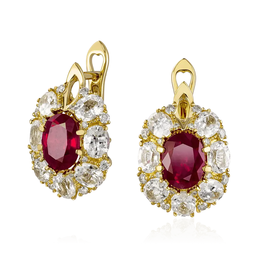 Серьги с рубином, сапфиром, бриллиантами из желтого золота 750 пробы, фото № 1