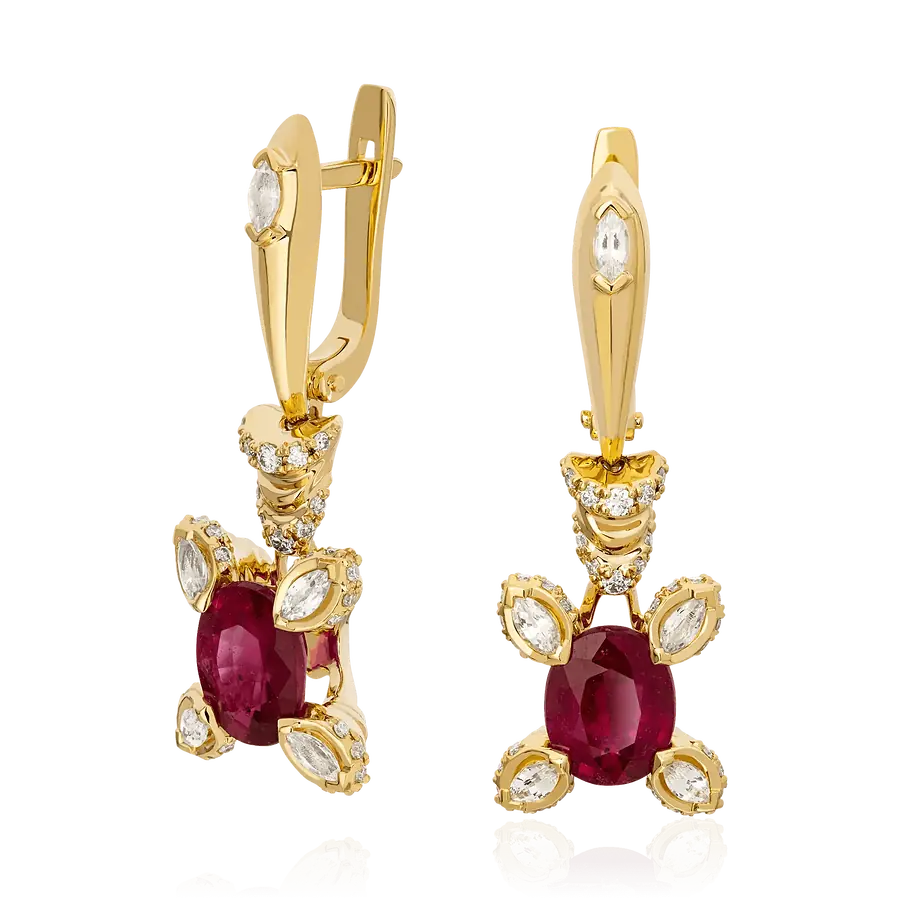 Серьги с рубином, сапфиром, бриллиантами из желтого золота 750 пробы, фото № 1