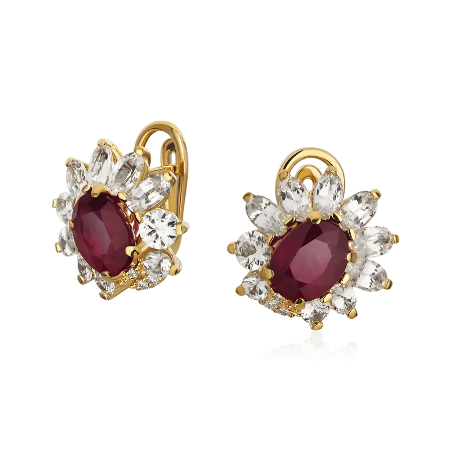 Серьги с рубином, сапфиром, бриллиантами из желтого золота 750 пробы, фото № 1