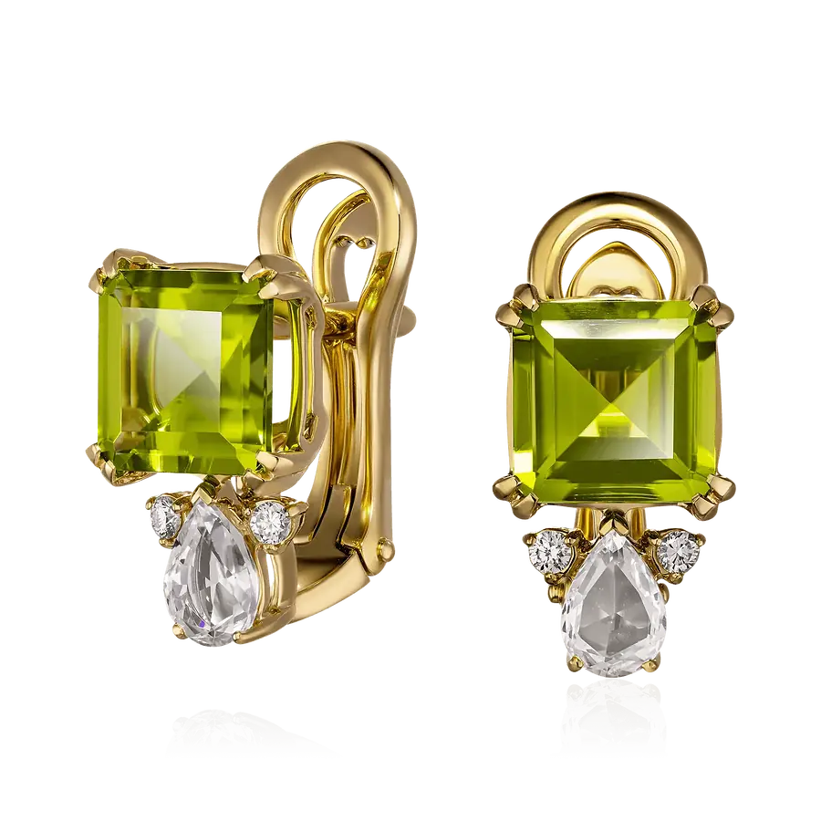 Серьги с хризолитом, сапфиром, бриллиантами из желтого золота 750 пробы, фото № 1