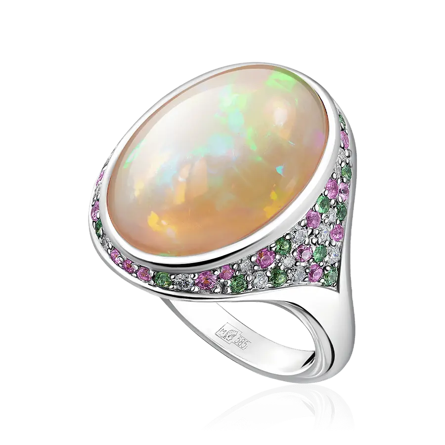 Кольцо с опалом, сапфиром, бриллиантами из белого золота 585 пробы, фото № 1