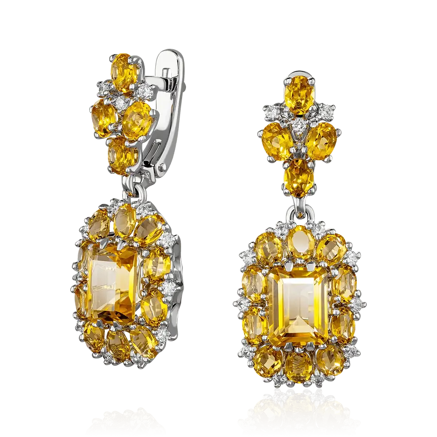 Серьги с цитрином, бриллиантами из белого золота 585 пробы, фото № 1