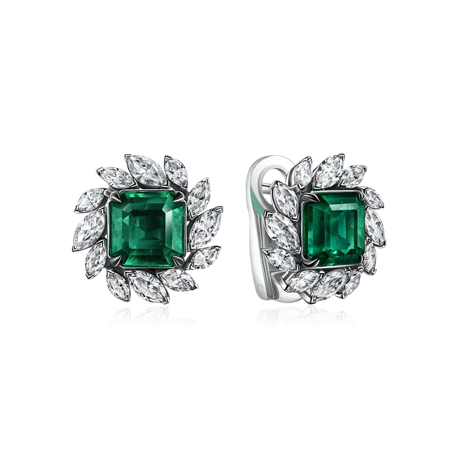 Серьги с изумрудами, бриллиантами из белого золота 750 пробы, фото № 1